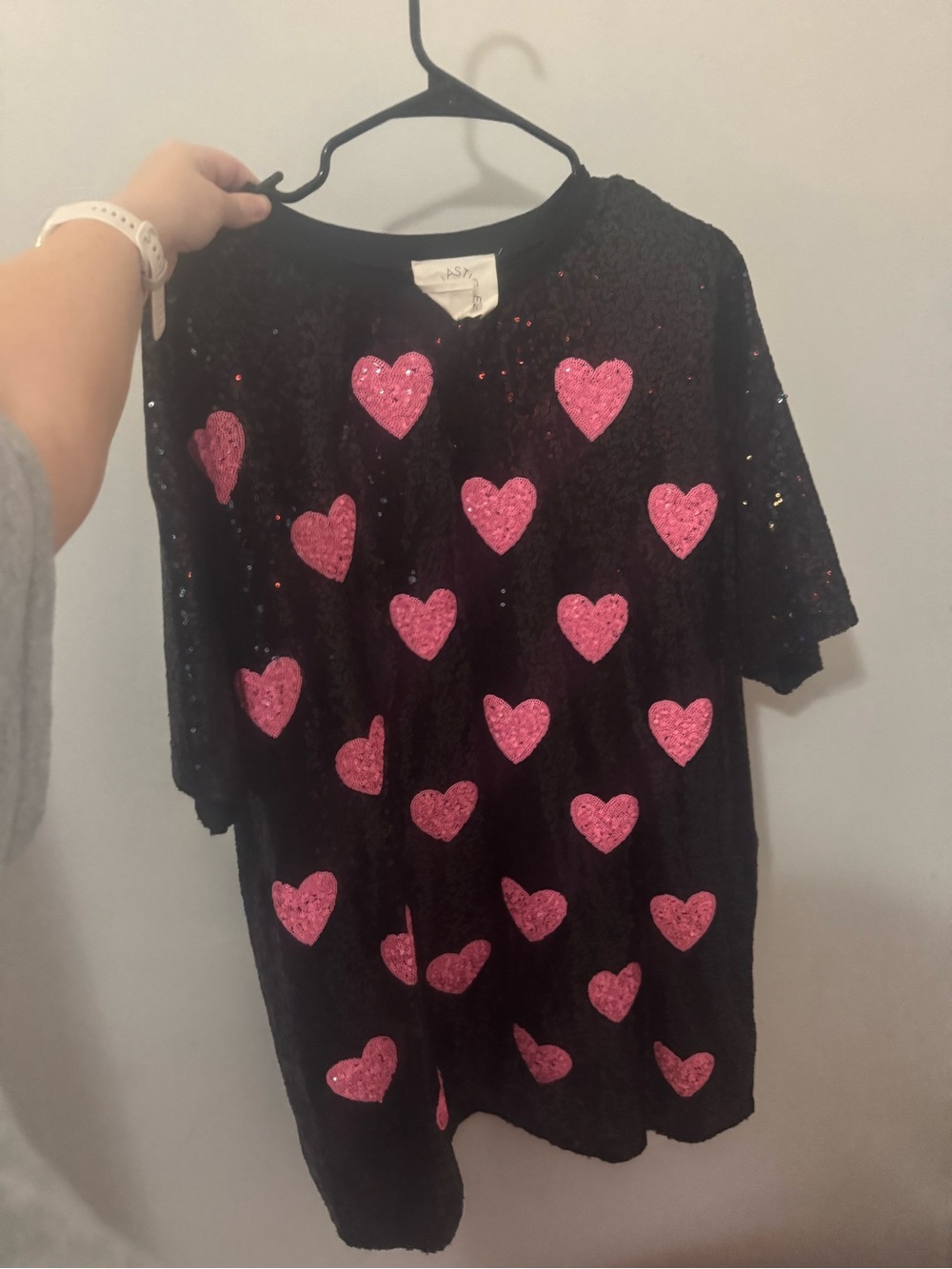 Black Sequin Tee Shirt Dress with Pink -Heart Appliqués